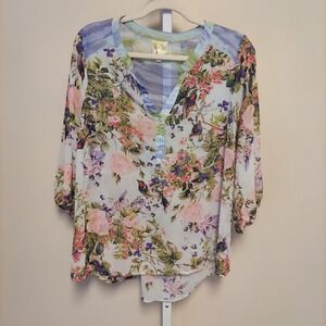 Fig & Flower Floral Bird Print Sheer Blouse M Artsy Cottagecore Garden Whimsical